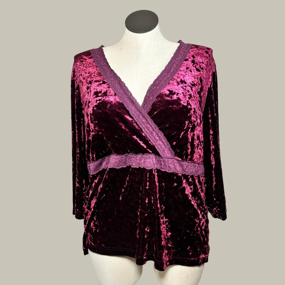 Avenue Wrap Top 18/20 Burgundy Crushed Velvet Lace Trim V-Neck Blouse whimsygoth